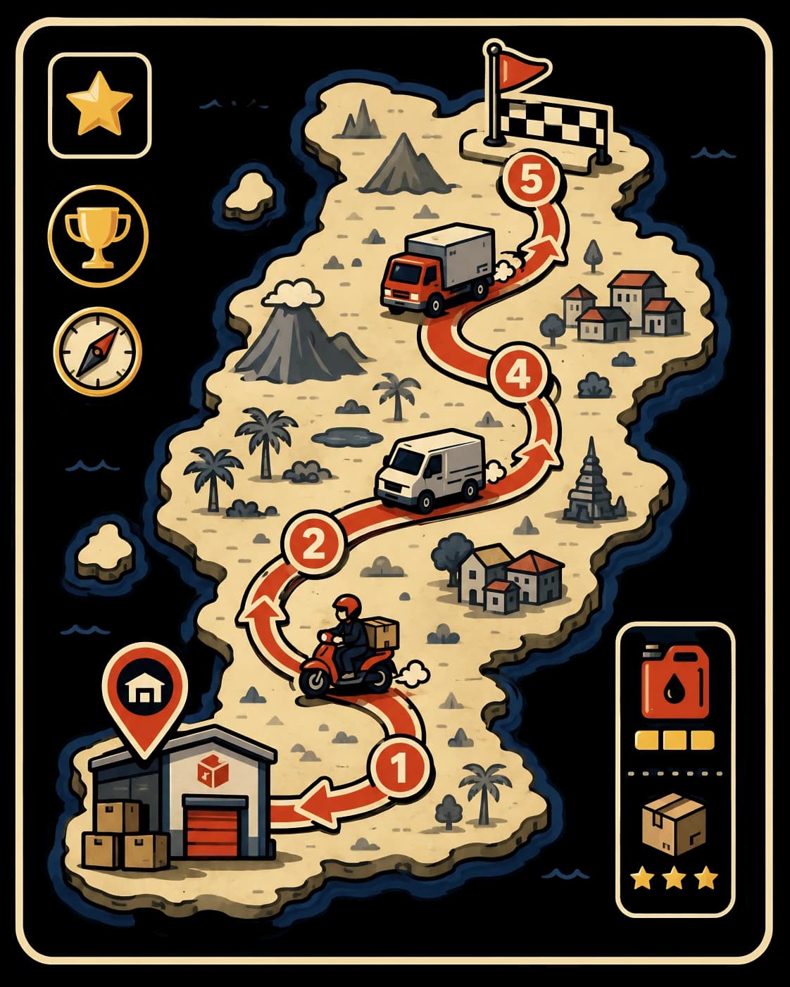 TRAYEK gameplay — routing optimization map